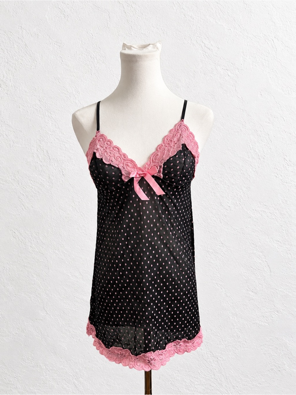 Y2K Black & Pink Polka Dot Lace Babydoll Lingerie Slip Dress S